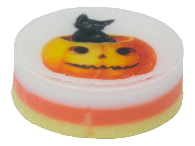 side view of spooky cat soap showing candy corn colored layers