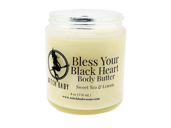white body butter packaged in 4 oz glass jar with a label that reads: Bless Your Black Heart Body Butter. Sweet Tea & Lemon.