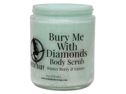 tiffany blue body scrub with diamond shimmer in glass 8 oz jar with label that reads: bury me with diamonds body scrub, winter berry & luxury