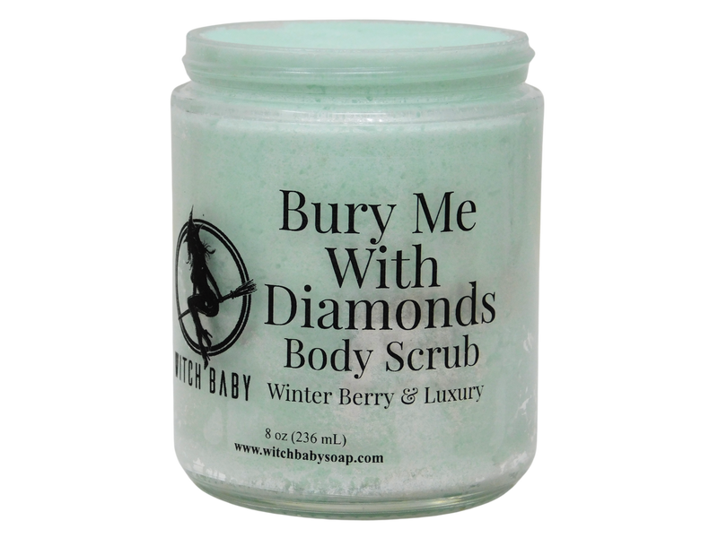 tiffany blue body scrub with diamond shimmer in glass 8 oz jar with label that reads: bury me with diamonds body scrub, winter berry & luxury