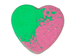 half green and pink heart shaped bath bomb
