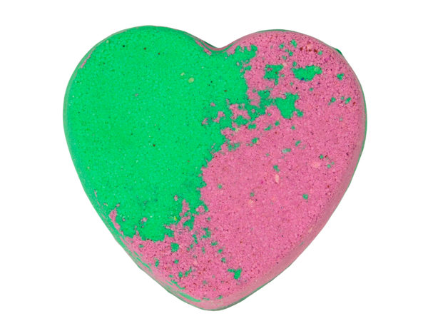 half green and pink heart shaped bath bomb
