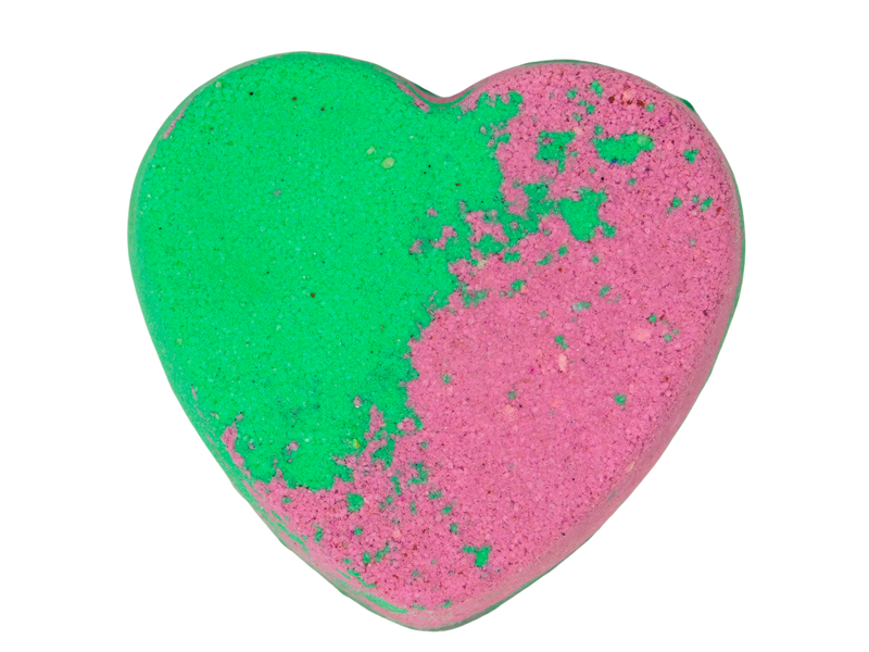 half green and pink heart shaped bath bomb
