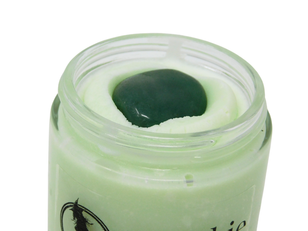 top view of the green aventurine on top of Frankie Body Butter