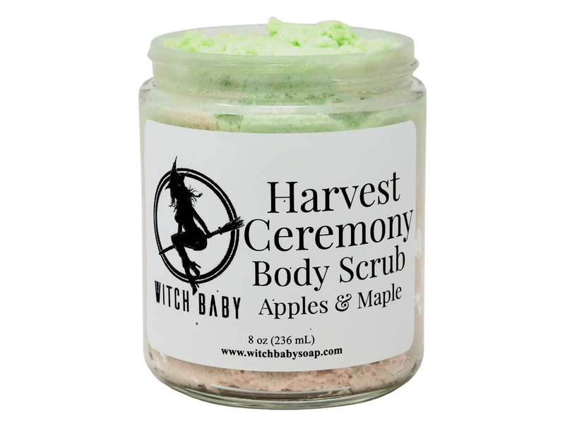 thick rich green and red scrub in 8 oz glass jar with label that reads: harvest ceremony body scrub. apples & maple.