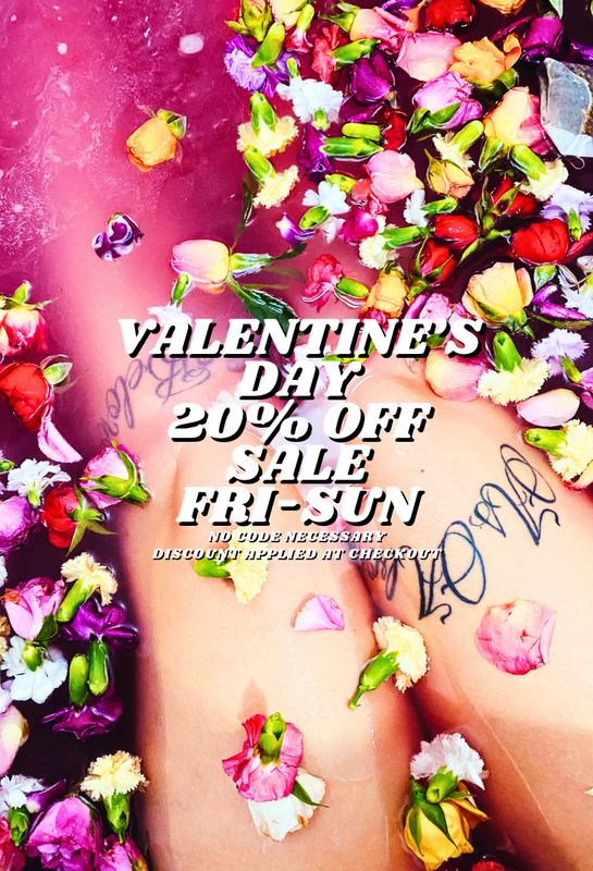 Promotional graphic for Valentine's Day sale with flowers and a leg, featuring text overlay.