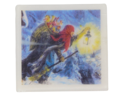 square soap with vintage illustration of la befana bringing gifts in the snow with her broom and a lantern