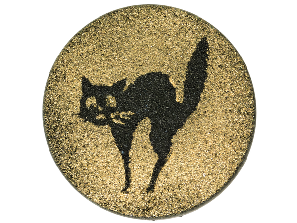 black circular bath bomb with golden airbrush to resemble the moon and a shrieking cats shadow