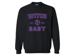 black crew neck sweatshirt with witch baby established 2013 written in collegiate style 