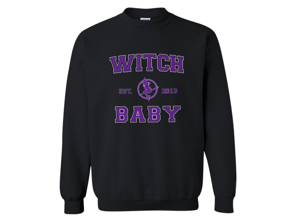 black crew neck sweatshirt with witch baby established 2013 written in collegiate style 