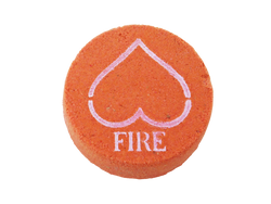 red circular bath bomb with pink mica airbrushed on top in the shape of an upside down heart to look like the upside down triangle element for fire and in text below the heart it says FIRE