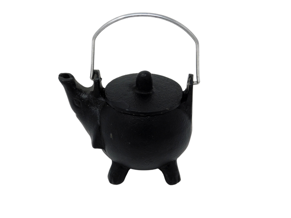 black teapot cauldron with silver handle 