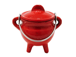 small red cast iron cauldron