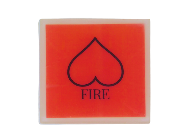 square soap with a red background behind a black outline of an upside down heart with the text FIRE beneath it.