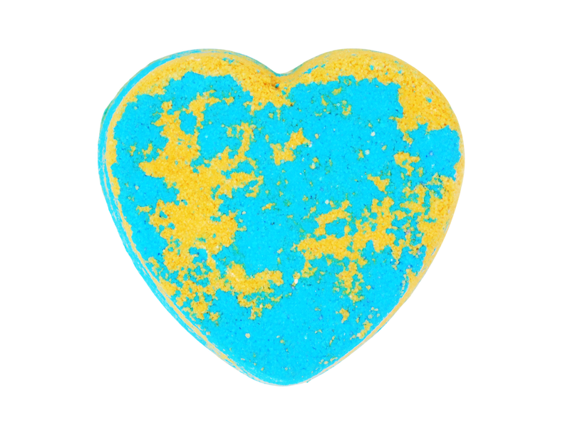 orange and blue heart shaped bath bomb